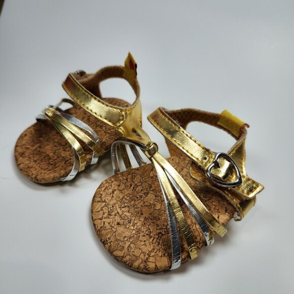 Build A Bear Sandals Shoes Gold Silver Straps Heels Heart Buckle Clothes - Picture 2 of 7